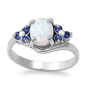   Silver Oval Cut with White Opal Blue Sapphire CZ Ring Sizes 6 7 8 9 10