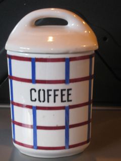 ANTIQUE CERAMIC CROCK WHITE WITH BLUE AND RED LINE PATTERN COFFEE 