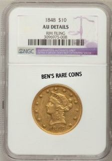 1848 $10 GOLD LIBERTY EAGLE COIN AU DT NGC EARLY DATE