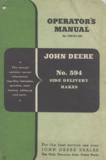 JOHN DEERE 594 SIDE DELIVERY RAKE OWNERS OPERATORS MANUAL PART HAY 