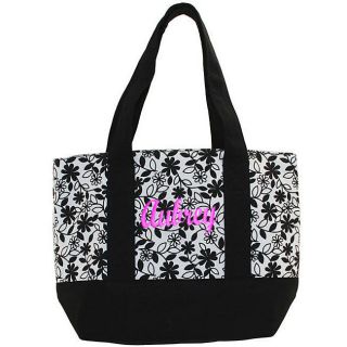 Personalized Black & White Fully Lined Floral Canvas Tote Bag Free 