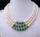 3Rows 7 8MM White Akoya Pearl & Emerald Necklace