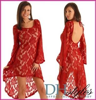 DHStyles Sexy Red Long Sleeve Flower Lace Overlay Mullet Cocktail 