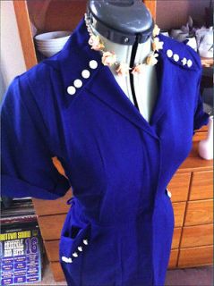 VTG 40S 50S PINUP DARLING ♥NAVY LINEN+WHITE BUTTONS♥ WIGGLE ZIP 