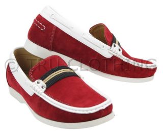 Mens Deck Boat Moccasin Suede Leather Shoes Red White Design Slip On