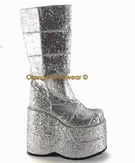 DEMONIA STACK 301G Mens Silver Glitter Platform Boots
