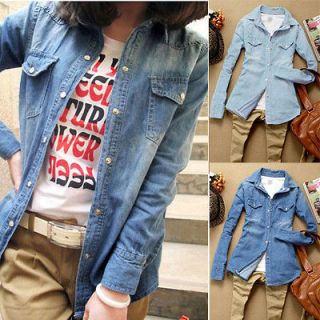   Women Girl Retro Long Sleeve Cool Blue Jean Denim Vintage Shirt Tops