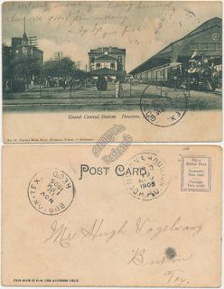   Central R.R. Station, Houston, TX 1905 Postcard, Denison RPO Cancel