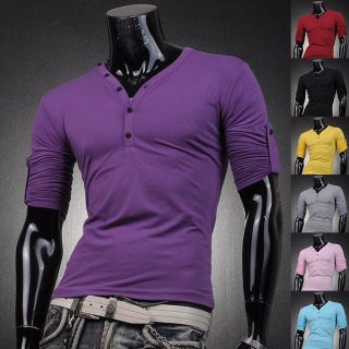 Designer Mens T Shirts Top Tee V Neck Muscle Slim Fit Lycra Long S M L 