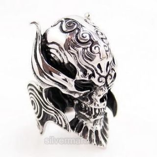Mens Silver Devil Skull Demon Stainless Steel Biker Ring US Size 9,10 