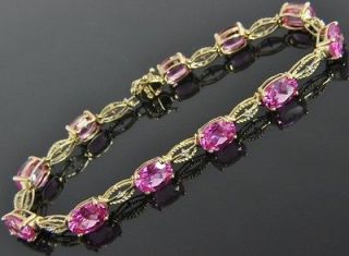   10K Gold 16.96 TW Lab Pink Sapphire Diamond Tennis Link Chain Bracelet