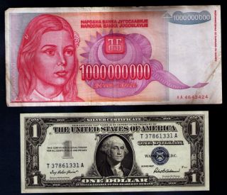 BILLION YUGOSLAVIA DINARA + $1 DOLLAR US SILVER CERTIFICATE aUNC
