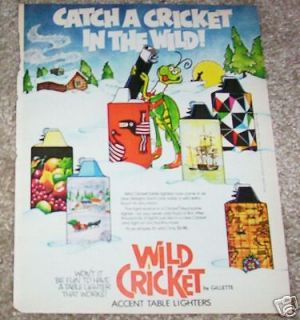 1974 ad Wild Cricket cigarette accent table Lighters AD