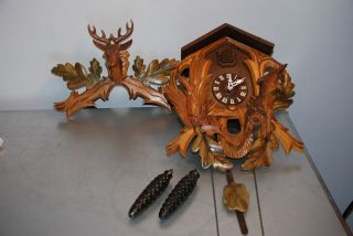 WOW VTG Black Forest Cuckoo Clock Hunter 16 1/2 just serviced deer 