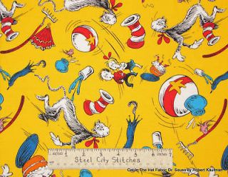 Dr Seuss Cat In The Hat Fish Who Red Hat Yellow Cotton Fabric Kaufman 