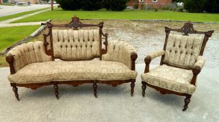 Wanut Victorian Sofa & Chair Parlor Set w/ Roman Carved Profiles 