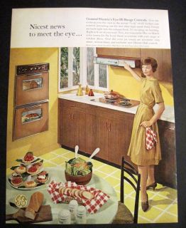   1961 General Electric Oven & Range Pretty Girl Cooking Dinner Print Ad