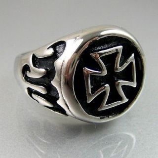 Vintage Biker Stainless Steel Engraved Cross Round Mens Ring Size 8