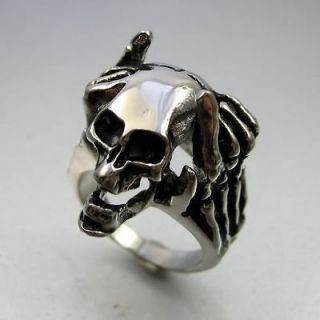 Biker Black Silver Stainless Steel Skull Thinker Mens Ring Size 9