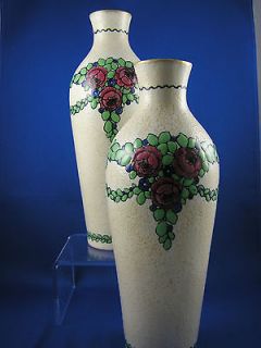 Ernst Wahliss Turn Vienna Amphora Art Nouveau Floral Garland Vase Pair