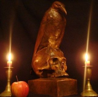 Antique wood carving sculpture devil Satan skull Poe Memento Mori 