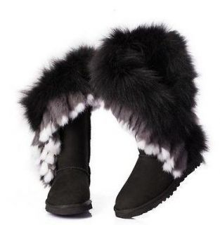 Sexy Winter Womens Fox Fur Leather Flat Mid Calf Snug Snow 