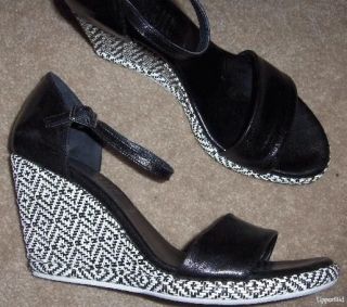   black leather white woven IKAT platform WEDGE espadrilles sandals 10