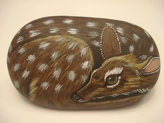 Fawn hand painted on a stone   pet rock.
