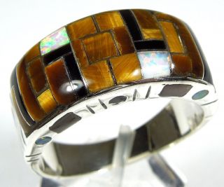 Southwestern Tiger Eye & Opal Inlay 925 Sterling Silver Mens Ring all 