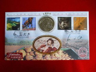 1999 FARMERS TALE GIBRALTAR ONE CROWN COIN FDC SIGNED BY BEN GILL NFU
