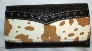 Western Faux Cow Hide/Ostrich Wallet   StuddedTrim/Li​ght Spot Fur 