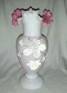 Blown Art Glass Cased Pink White Coralene Vase Antique Ruffled