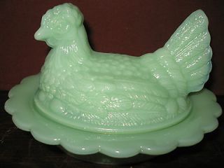 Jadeite glass hen chicken on nest basket dish rooster candy jadite 