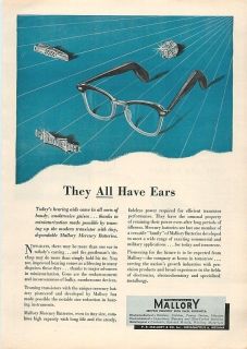 1958 Mallory Hearing Aids Hidden in Glasses, Pin   Old Ad