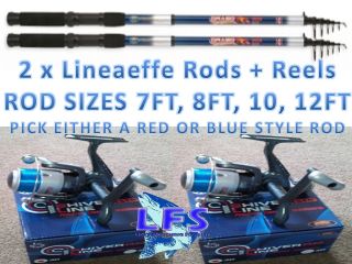TELESCOPIC LINEAEFFE REELS AND 2 NGT FISHING RODS 6FT 8FT OR 10FT