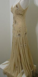  100% Silk Beige Embroidered Beaded/Sequin Fishtail/Flapper Long Gown/8