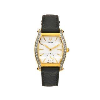 Bulova Womens 65R100 Black Leather Diamond Accent Goldtone Watch 