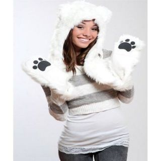 Polar Bear White Animal Hoodie Faux Fur Warm Hat Pocket Scarf 3 in 1 