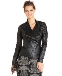 Alfani Petite Jacket, Pleather Drape Zip Up