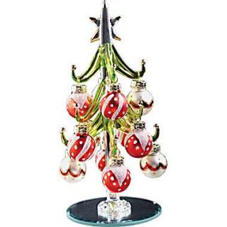 Christmas Tree with Mini Red Ball Ornaments, Green Glass, 6in 