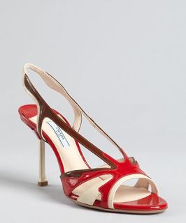Prada red and brown colorblock patent leather open toe sandals