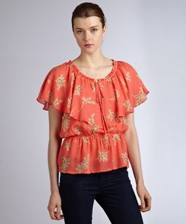 Alcee coral floral print silk Lily ruffle blouse