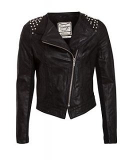 Black (Black) Black Studded Real Leather Biker Jacket  260106101 