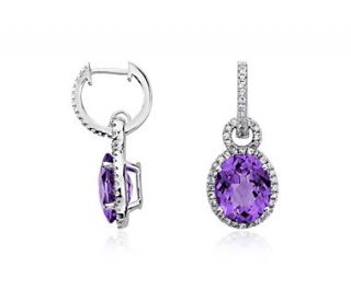 Amethyst and White Sapphire Halo Oval Drop Earrings in Sterling Silver 