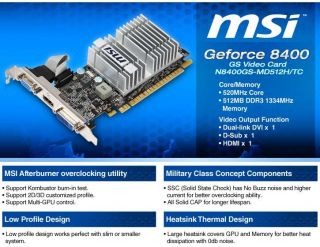 MSI Geforce 8400 GS TurboCache 512MB DDR3 Video Ca Product Details