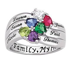 Sterling Silver Heart and Name Family Birthstone Ring (2 6 Names and 