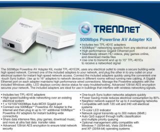 TRENDnet TPL401E2K Powerline AV Adapter Kit   500Mbps, 2x Adapters 