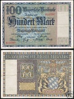 Germany Bayerische Notenbank Bavaria Notgeld 100 mark 1922 E BAY4 