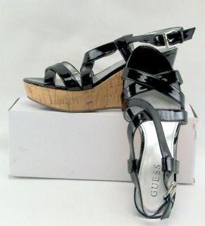 Guess Womens Black Patten Leather Platform Wedge Pumps Shoes Sandles 