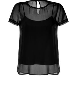 DKNY Black Silk Tee  Damen  Tops  